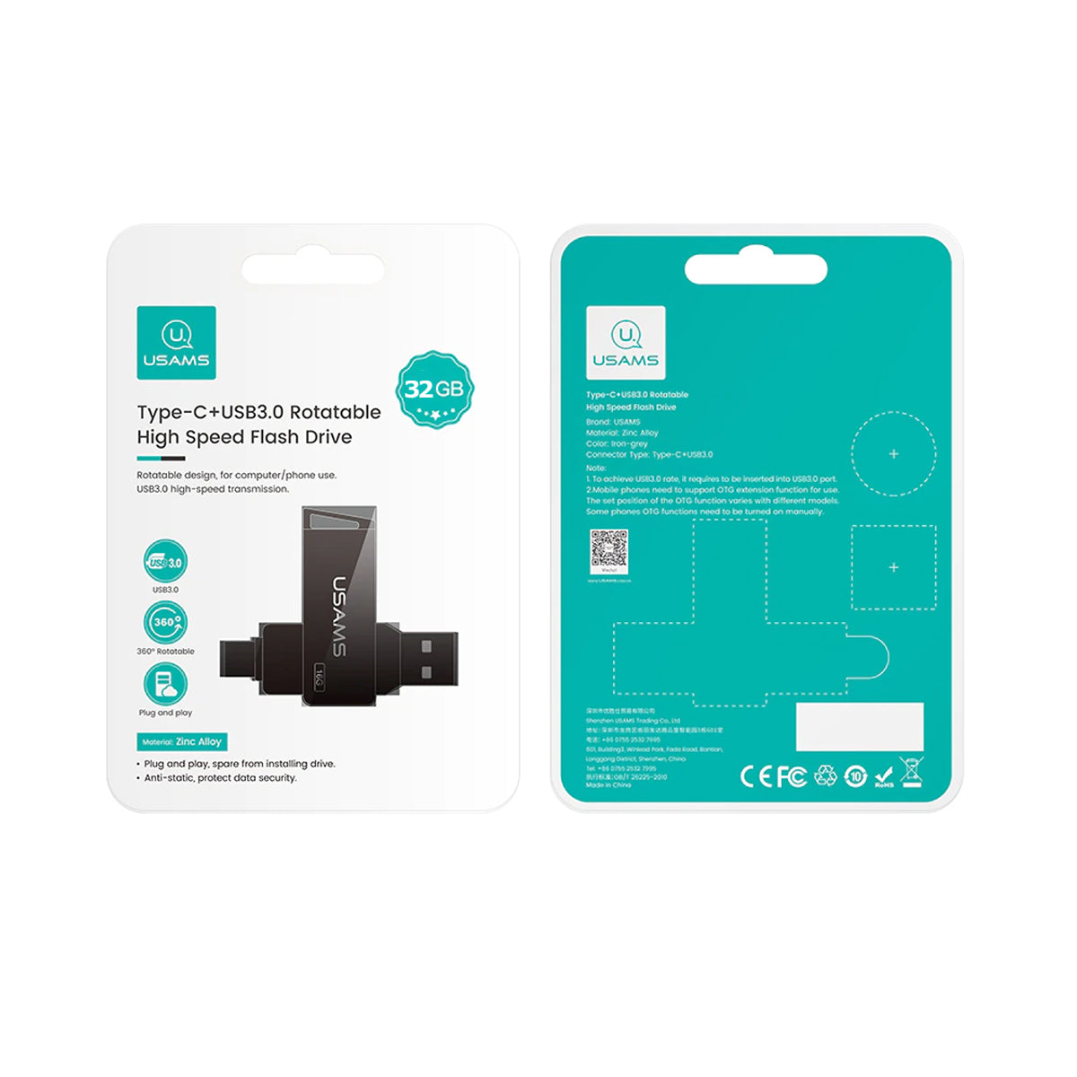 Usams ZB199 32GB USB 3.0 Stick with Connection USB-A & USB-C Black